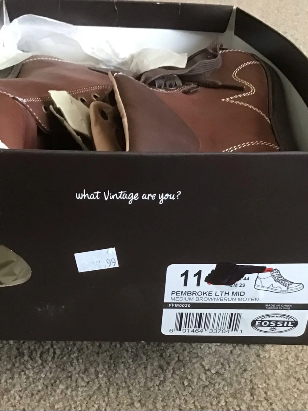 Fossil Pembroke Brown Leather High-Top Lace-Up Boots, Size 11 NIB
